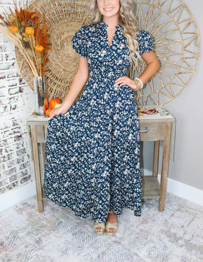 Sweet Floral Puff Sleeve Midi Dress(Buy 2 Free Shipping)