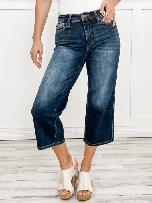 Mid-Rise Tummy Control Crop Wide Leg Denim Jeans