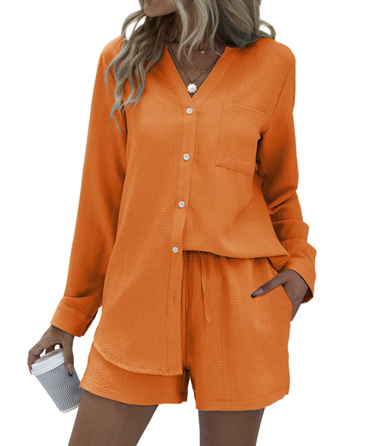 (With Pockets)V-neck Button-down Shirt and Shorts 2 Piece Sets (Buy 2 Free Shipping)