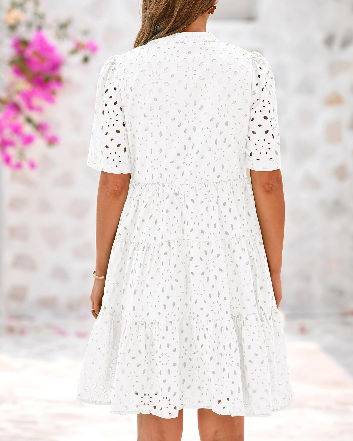 Women's V Neck Short Sleeve Hollow Out Mini Vacation Dress (Buy 2 Free Shipping)